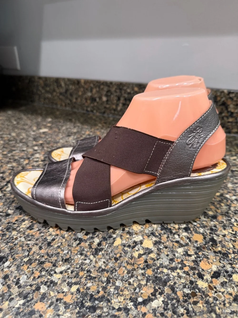 Fly London Yaji Women’s Brown Metallic Wedge Sandals with Elastic Cross Straps 3